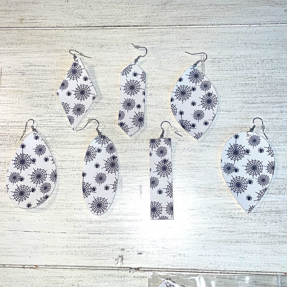White Faux Leather Earrings with Black Spiderwebs